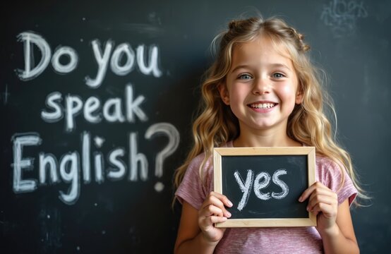 Smiling girl holds blackboard with Yes answer in class. Kid standing near blackboard with Speak English inscription. Language training, school education concept, e-learning for kids. Little student.