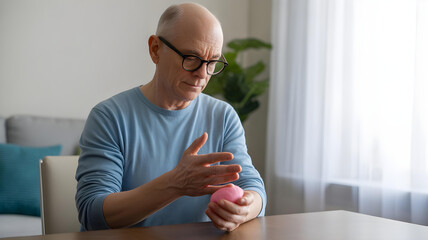 Home rehab stroke survivor practicing hand exercises with putty