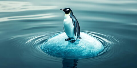 Obraz premium A penguin is standing on a block of ice in the ocean