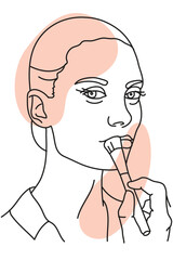 Woman applying makeup with a brush of line drawings