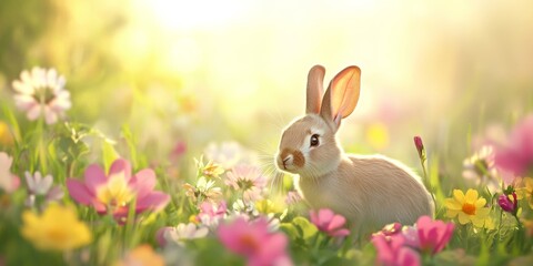 Fototapeta premium Rabbit is standing in a field of flowers. The rabbit is looking at the camera. The flowers are pink and yellow