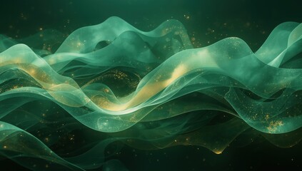 Emerald green and gold flowing ribbons create an abstract, ethereal design.