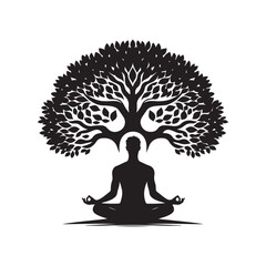 meditating person under tree vector silhouette clip art logo design illustration