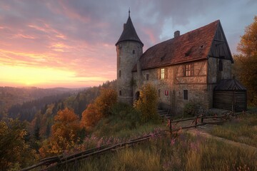 Obraz premium Sunrise over a medieval castle perched on a hilltop