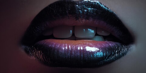 Glossy Cosmic Lips: A Close-Up of Sparkling, Metallic, and Iridescent Lip Makeup