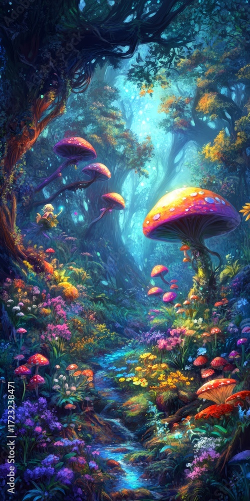 Poster explore a vibrant enchanted forest filled with colorful mushrooms and lush vegetation. a magical str