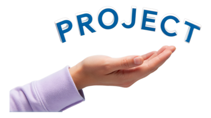 Hand Holding Project Word in Blue Neon, Transparent Cutout Asset for Digital Media