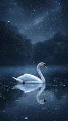 A stunning swan gracefully floats on still water beneath a star-filled sky, capturing the essence of peace and natural beauty in a tranquil night scene.