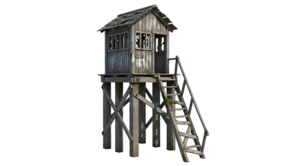 Wooden watchtower on stilts, weathered and decaying