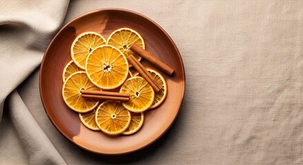 Warm dried orange slices and aromatic cinnamon sticks artfully arranged on a rustic plate, evoking cozy festive ambiance on a linen backdrop.