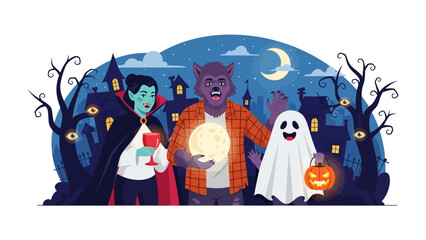 Spooky Gathering on Halloween Night: Three costumed figures, a vampire, a werewolf, and a ghost, stand together, bathed in the eerie glow of a full moon, ready for a night of spooky fun.
