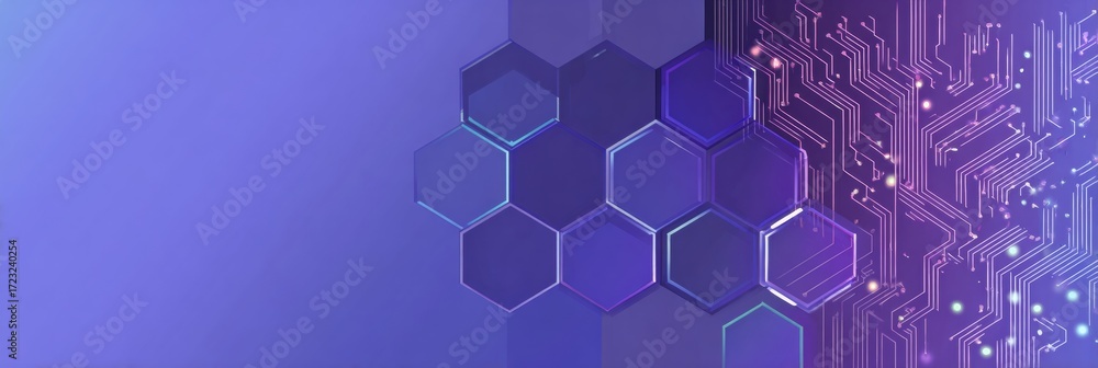 Wall mural abstract hexagonal blue purple gradient background with circuit board digital elements for technolog