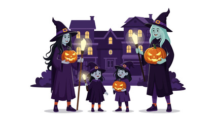 Spooky Witch Gathering: A bewitching scene unfolds with witches adorned in traditional hats and robes, each cradling a glowing jack-o'-lantern, against the backdrop of a haunted house on Halloween.