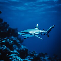 Naklejka premium A shark is swimming in the ocean. The water is blue and the shark is white. The shark is swimming near a coral reef