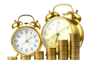 Two gold alarm clocks beside stacks of gold coins, symbolizing time and money