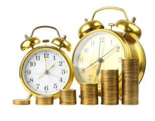 Two gold alarm clocks beside stacks of gold coins, symbolizing time and money
