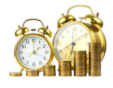Two gold alarm clocks beside stacks of gold coins, symbolizing time and money