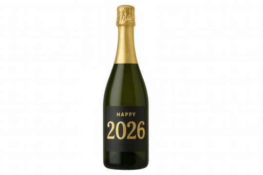 Champagne bottle with happy 2026 label for new year celebration, anniversary, and party events, transparent background