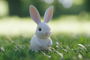 A white rabbit is standing in a grassy field