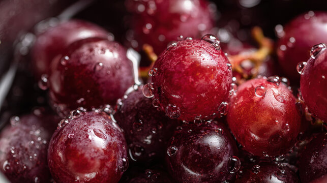 Fresh red grapes submerged in bubbly water, gening with droplets, displaying vibrant colors and textures, perfect for healthy snacks or fruit salads, enticing and appetizing.