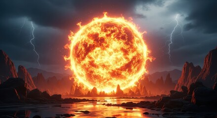 Mysterious fiery portal opens amidst dramatic stormy skies and jagged landscape