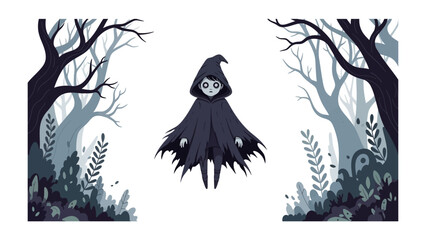 Fototapeta premium Mysterious Forest Guardian: A spectral figure in a dark cloak, with a hooded figure floating in an enchanted forest, the illustration creates a mystical and ethereal scene.