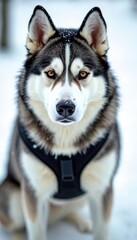 Obraz premium Front face portrait of beautiful powerful husky dog in snow wears harness ready for sledding in winter landscape. Sled dog looks at camera with amber eyes. Sledding concept. Dog portrait.