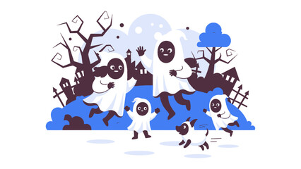 Spooky Halloween: Children dressed as ghosts play on a Halloween night with eerie silhouette, captures the essence of the spooky holiday.