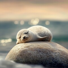 Naklejka premium Baby seal is sleeping on a rock in the ocean. Concept of peace and tranquility, as the seal rests comfortably on the rock