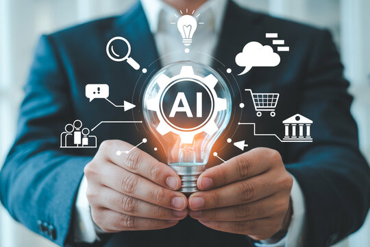 Artificial intelligence concept businessman holding ai lightbulb innovation technology future ideas