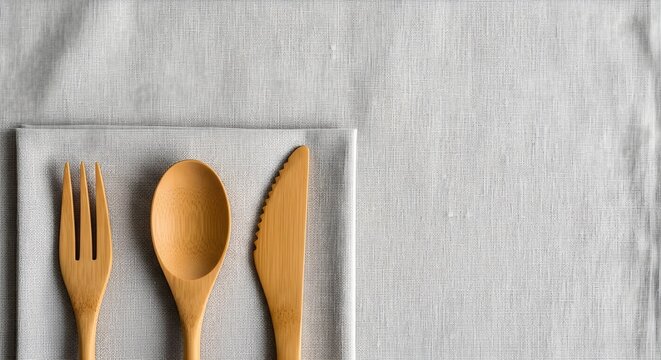 Natural bamboo fork, spoon, and knife set neatly displayed on a minimalist grey linen napkin and tablecloth, promoting sustainable dining.