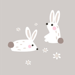 Two cute white rabbits in a meadow. Childish graphic. Vector hand drawn illustration.