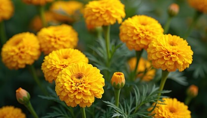 Close-up of Tagetes erecta. Bright yellow Aztec marigold flowers bloom with freshness in garden. Floral pattern, botany, freshness, alternative medicine, herbal remedy, blooming, blossoming.