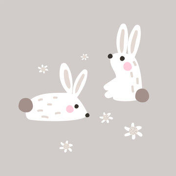 Two cute white rabbits in a meadow. Childish graphic. Vector hand drawn illustration.