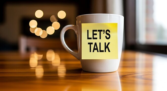 White coffee mug with a yellow sticky note that says lets talk