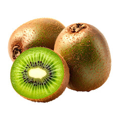 Two whole kiwifruits and one halved kiwi, showcasing their fuzzy brown skin and vibrant green flesh with tiny black seeds