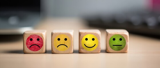 The wooden blocks with colorful smiley faces showing sad neutral and happy emotions