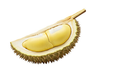 A sliced durian fruit, showcasing the golden-yellow flesh, separated by a white membrane, with the brown spiky husk
