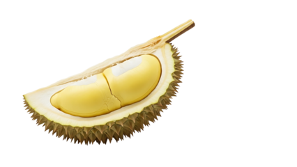 A sliced durian fruit, showcasing the golden-yellow flesh, separated by a white membrane, with the brown spiky husk