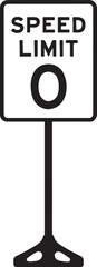 Black silhouette of a speed limit zero sign on a pole against a white background