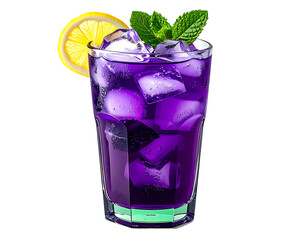 Icy purple beverage in a tall glass, garnished with lemon and mint