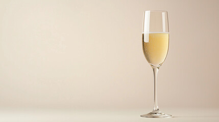 Glass of champagne on beige background, copy space.