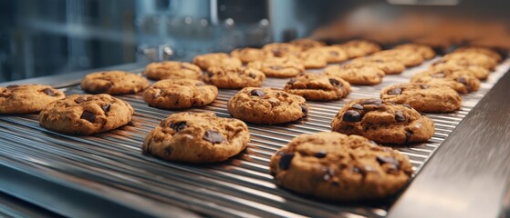 The Chocolate Chip Cookies on an Industrial Conveyor Belt in a Commercial Bakery