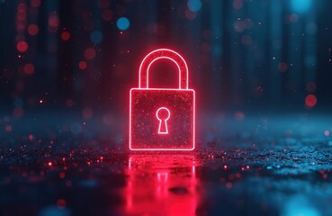 Red glowing padlock illustration against dark blue background with neon bokeh lights. Digital security concept, cyber protection alert, encryption technology, data privacy, network safety, access