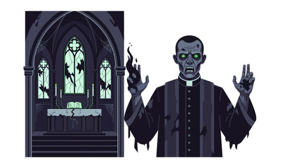 Undead Cleric in Sinister Sanctuary: An eerie illustration portrays a haunting scene, showcasing an undead cleric against the backdrop of a gothic sanctuary with spectral elements.