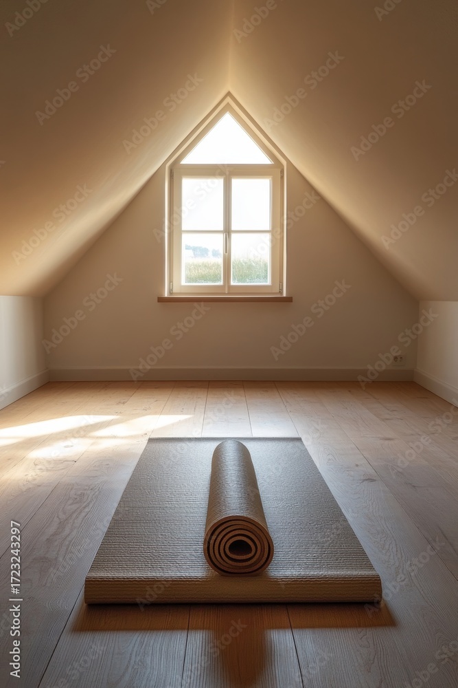 Poster rug is rolled up on the floor in a room with a window. the room is empty and the rug is the only obj