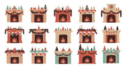 Collection of decorated fireplaces, festive holiday style.