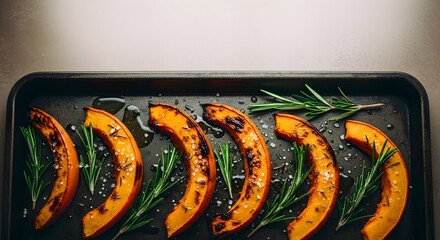 Roasted pumpkin slices seasoned with rosemary and salt on a baking sheet, ready for serving.
