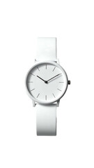 Minimalist white wristwatch with a round, clean face, simple hands, and a solid white band