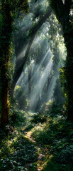Obraz premium Sunbeams Streaming Through Lush Green Forest